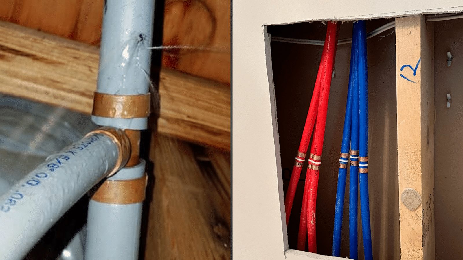 Side by side: grey Poly B pipe with copper crimp fittings before replacement, and new red and blue PEX lines inside an opened wall after replacement